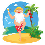 HAPPY SANTA IN RED SHORTS,  A STRAW HAT WITH COCONUT AND COCKTAIL IN HANDS CELEBRATES CHRISTMAS ON THE ISLAND WITH PALM. VECTOR ILLUSTRATION, CHARACTER DESIGN, CARD, POSTER