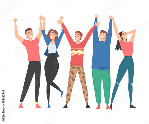 Group of People Characters Standing Together with Raising Hands Vector Illustration