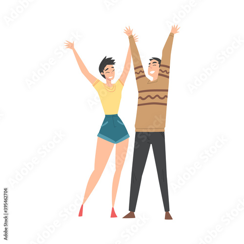 Excited Man and Woman Standing with Raising Hands Celebrating Success Vector Illustration