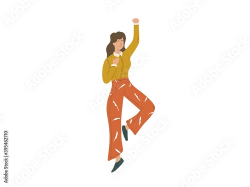 Young women woman in trendy clothes are jumping, happy woman flat cartoon vector hand drawn. Enthusiastic modern female.