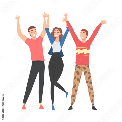 Group of People Characters Standing Together with Raising Hands Vector Illustration