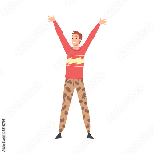 Young Man Standing with Raising Hands Celebrating Success Vector Illustration