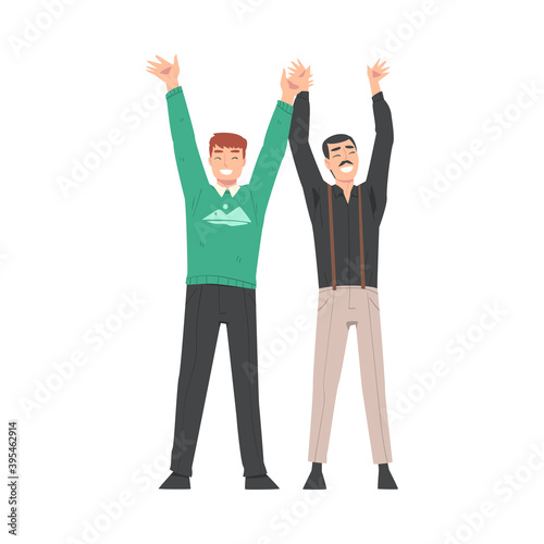 Happy Men Standing Together with Raising Hands Celebrating Success Vector Illustration