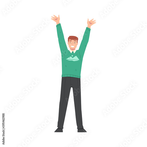 Young Man Standing with Raising Hands Celebrating Success Vector Illustration