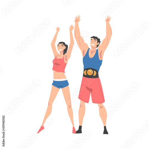 Athletic Muscular Man and Slim Woman in Sportswear Standing with Raising Hands Vector Illustration