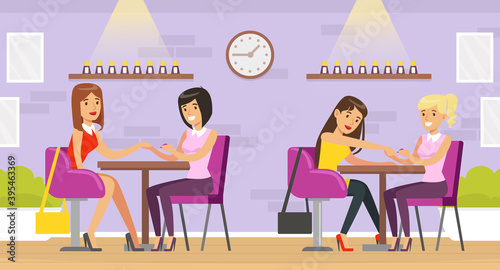Young Girl Sitting in Beauty Salon and Doing Manicure Vector Illustration