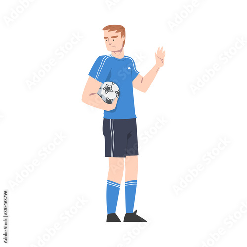 Young Man with Ball Showing Rejection and Refusal Gesture with His Hand Vector Illustration