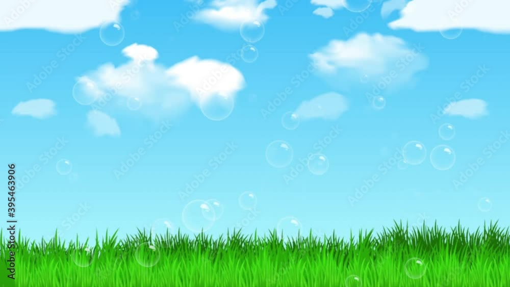 Bubbles Floating Above Green Grass With Bright Blue Sky And White Clouds Background - animation Bubbles Floating Above Green Grass With Bright Blue Sky And White Clouds Background - animation