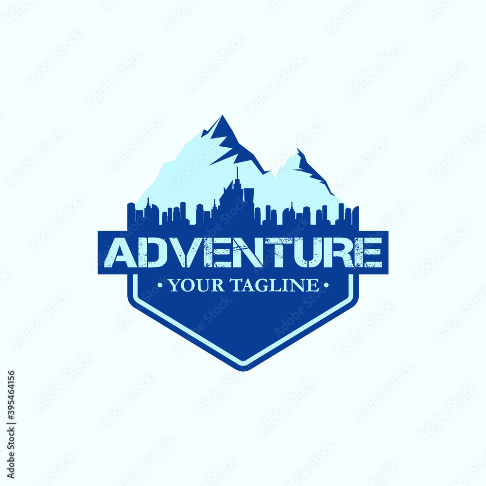 adventure logo with mountain and city landscape