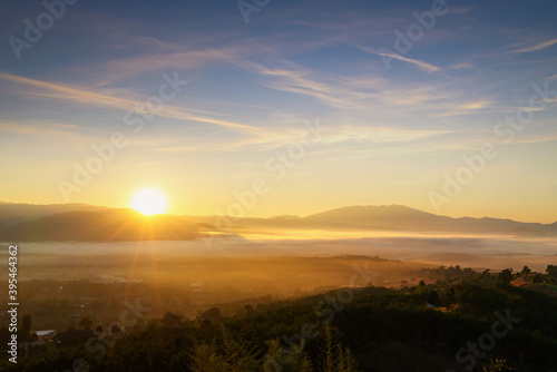 Winter travel season, Beautiful landscape of Pai city with mist on mountain at sunrise in Yun Lai viewpoint, Pai, Mae Hong Son near Chiang Mai, Thailand.