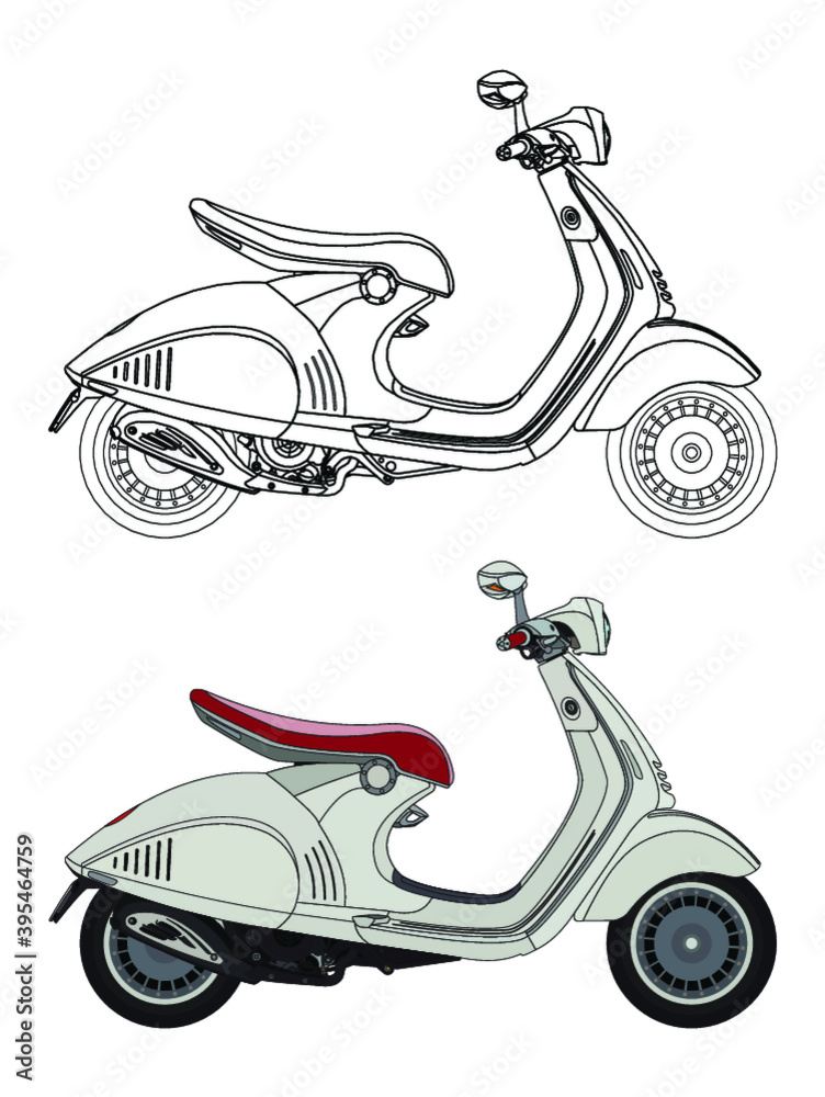 detailed side of a flat scooter cartoon vector with black stroke option for custom able color for kids drawing book