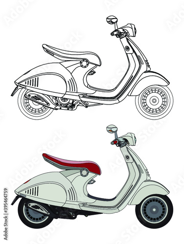 detailed side of a flat scooter cartoon vector with black stroke option for custom able color for kids drawing book
