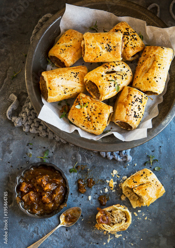 Homemde Vegetarian Meatfree sausage rolls with caramelised chutney photo