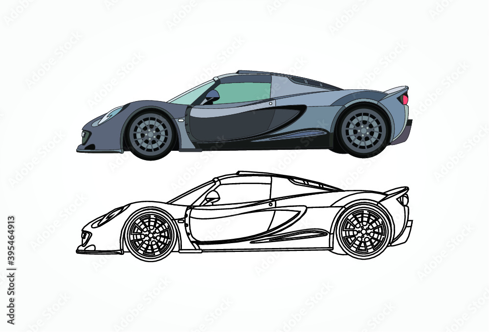Fototapeta premium detailed side of a flat car cartoon vector with black stroke option for custom able color for kids drawing book