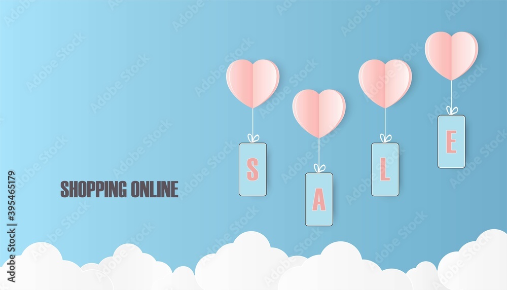 Vector smartphone floating with pink heart paper shape balloon and showing word “SALE” on blue sky color background. Love mobile shopping online concept.