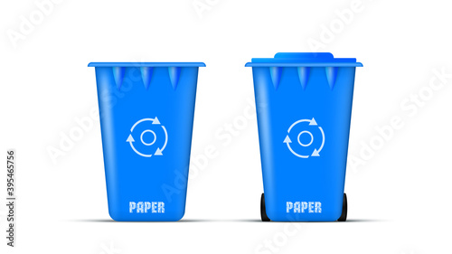 Waste bin with lid and wheels. Realistic blue paper trash can. ECO concept. Vector.