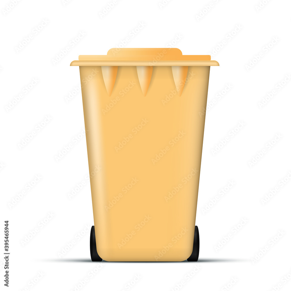 Realistic yellow trash can. Waste bin with lid and wheels. Eco concept. Vector. Realistic yellow trash can. Waste bin with lid and wheels. Eco concept. Vector.