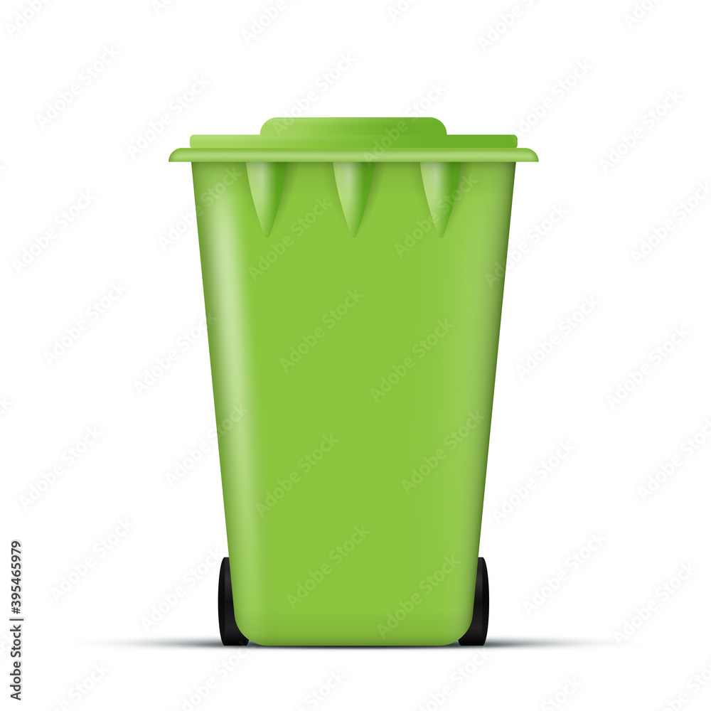Realistic green trash can. Waste bin with lid and wheels. Eco concept. Vector. Realistic green trash can. Waste bin with lid and wheels. Eco concept. Vector.