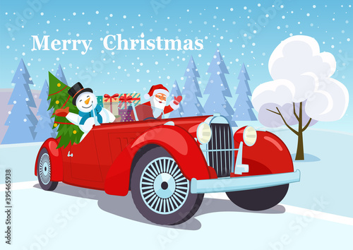 Merry christmas stylized typography. Vintage red cabriolet with santa claus, christmas tree and snowman. Vector flat style illustration