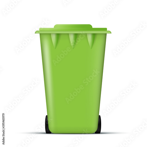 Realistic green trash can. Waste bin with lid and wheels. Eco concept. Vector.