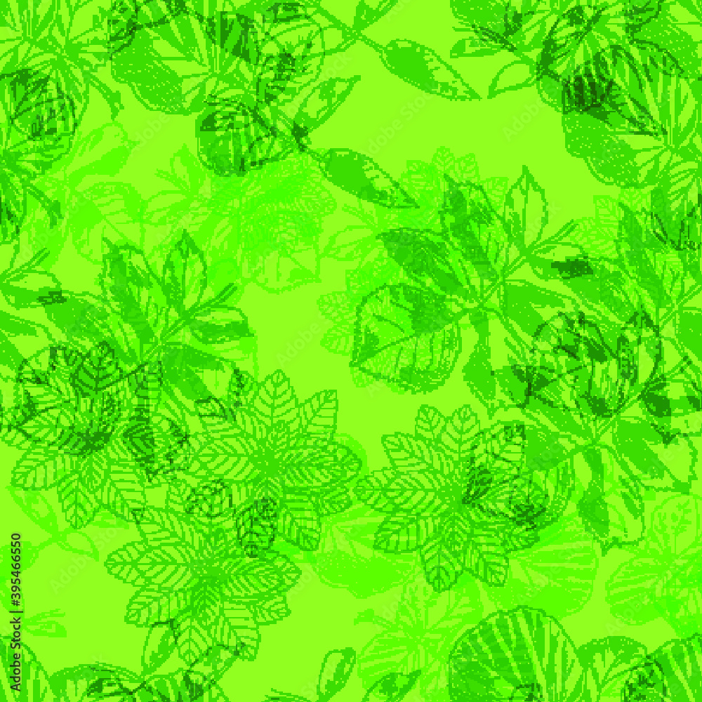 Vector Seamless Pattern, Leaves, Abstract Background, Green Colorful Illustration, Hand Drawn Plants, Sketches.