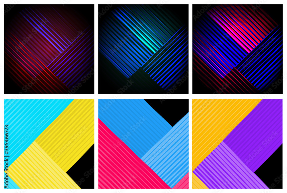 collection of modern abstract backgrounds in geometrical dynamic composition with different color shades on dark background with bright colors