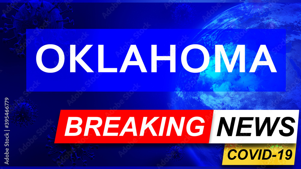 Covid and oklahoma in breaking news - stylized tv blue news screen with news related to corona pandemic and oklahoma, 3d illustration
