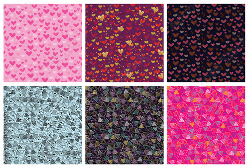 Collection of six different backgrounds with heart and geometric triangle shapes in different festive colors. Vivid pattern composition.