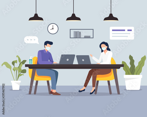 Social distancing at office workplace. People keeping distance in office, Safety awareness of covid-19 virus. Employees are maintain distance during work at workplace. Vector in a flat style