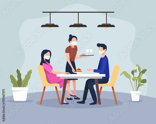 Couple having dinner in a restaurant with health protocols. New normal scene at restaurant, Men and women in cafe or restaurant. Waiter wearing medical mask and client. Vector in a flat style
