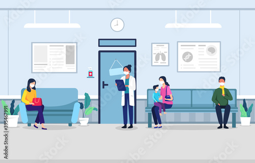 People in clinic waiting room. People sitting on chairs and waiting appointment time in medical hospital. Man and woman in queue at the clinic. Waiting in clinic hall. Vector illustration flat style