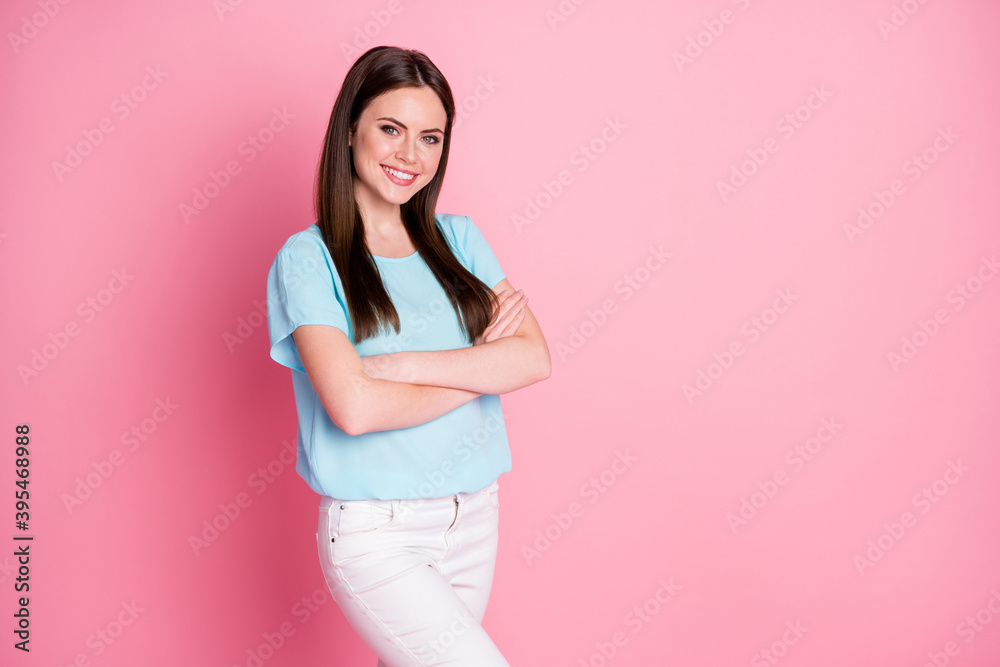 Turned photo of pretty charming girl cross hands wear casual style outfit isolated over pastel color background Turned photo of pretty charming girl cross hands wear casual style outfit isolated over pastel color background