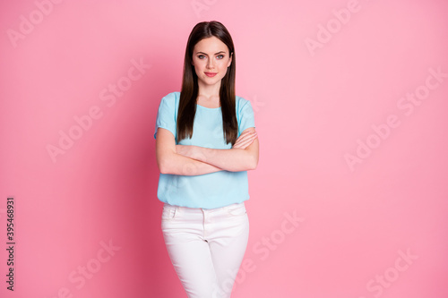 Photo of nice pretty girl cross hands wear casual style clothes isolated over pink color background