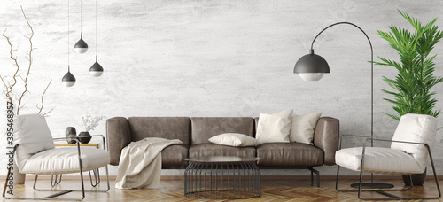Fototapeta Naklejka Na Ścianę i Meble -  Interior design of modern living room with brown sofa, home 3d rendering