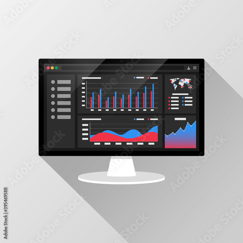 Web analytic information on Computer screen flat icon. trend graphs report concept. statistic charts for planning and accounting, analysis, audit, management, marketing, research vector illustration.