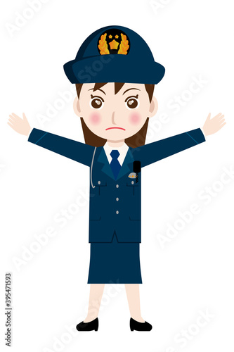 働く人制止のポーズをする制服を着た婦人警官・警察官・お巡りさんのイラスト若者青年