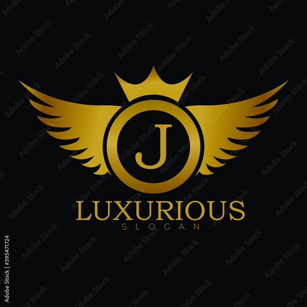 Luxury Royal Logo Design For Letter J Golden Wings Logo Design Isolated On Black Background Luxury Logo Template For Letter J Stock Vector Adobe Stock