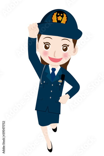 働く人ジャンプ　ガッツポーズをする婦人警官・警察官・お巡りさんのイラスト若者青年飛躍成功