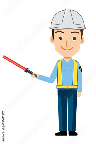 働く人_男性交通誘導員ガードマン警備員のイラスト静止停止ポーズ制服笑顔安全反射ベスト