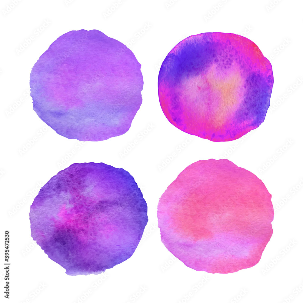 Vector watercolor painted circle backgrounds in pink and blue colors. Hand drawn watercolors stains set.