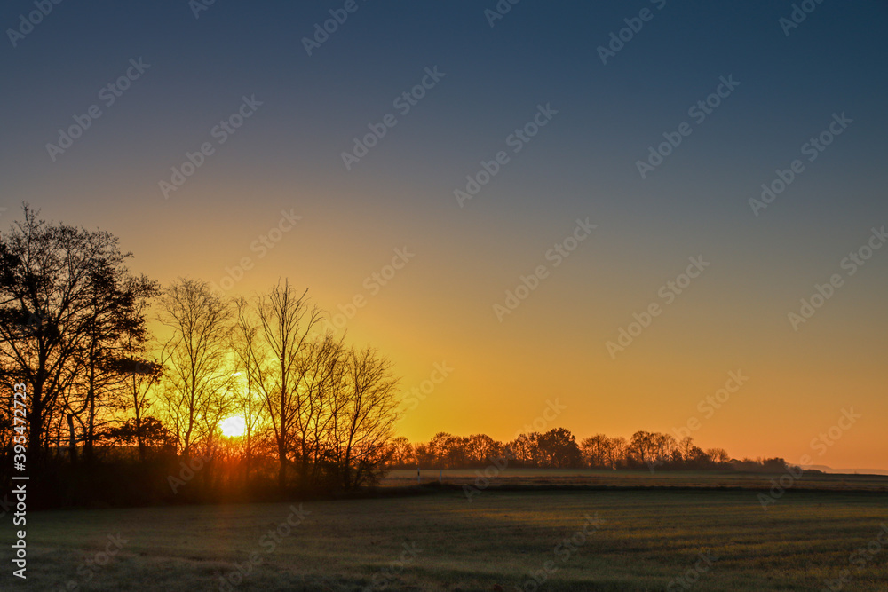 The morning winter sun rising above a field