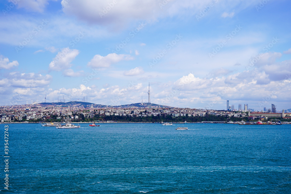 Modern Istanbul. View of the TV tower of Istanbul. Bosphorus view.