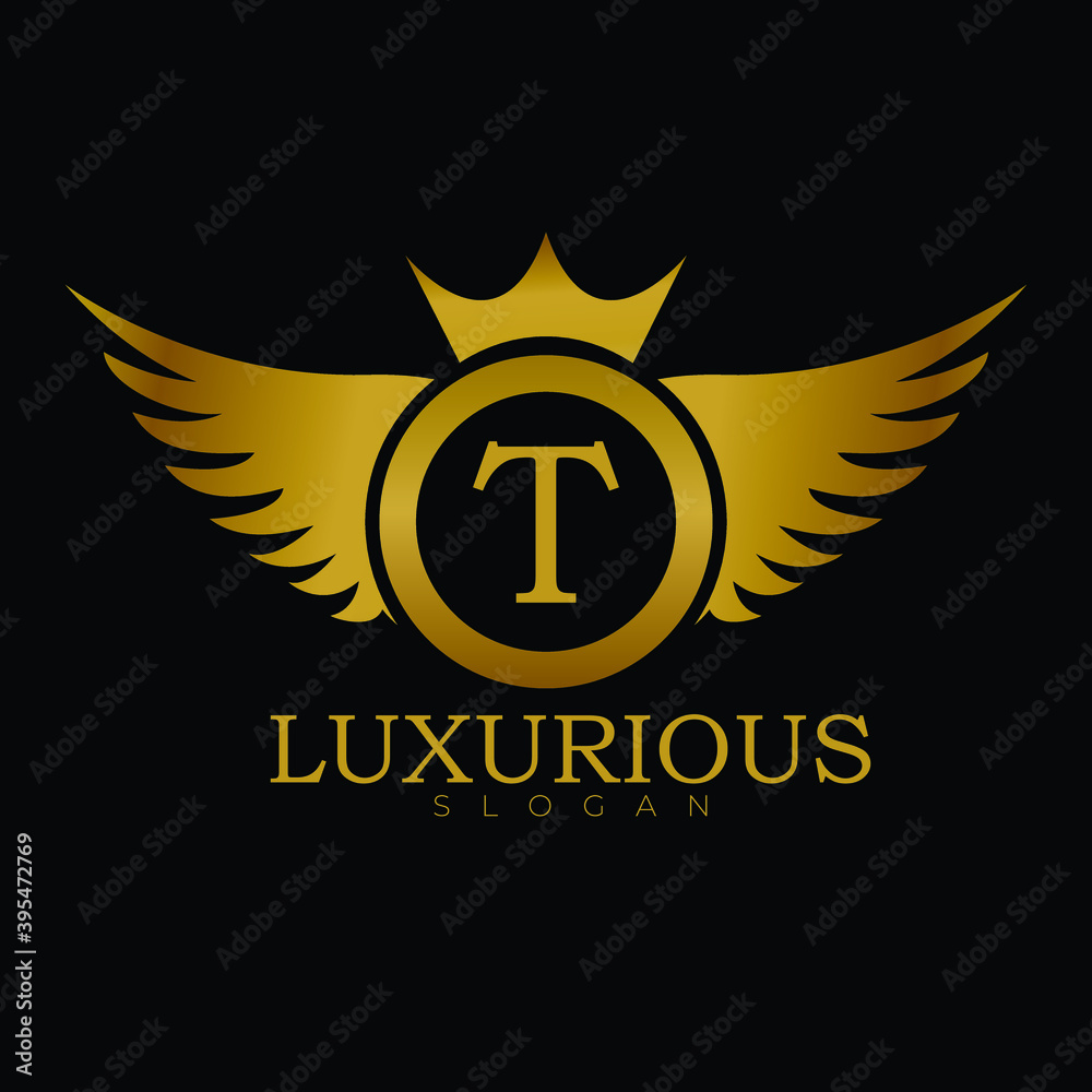 Luxury Royal logo design for letter T. Golden Wings logo design ...
