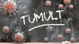 Tumult and covid virus - pandemic turmoil and Tumult pictured as corona viruses attacking a school blackboard with a written word Tumult, 3d illustration