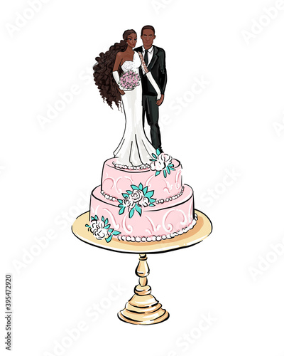 Illustration of a Wedding Cake with Black Bride and Groom Figures on Top.