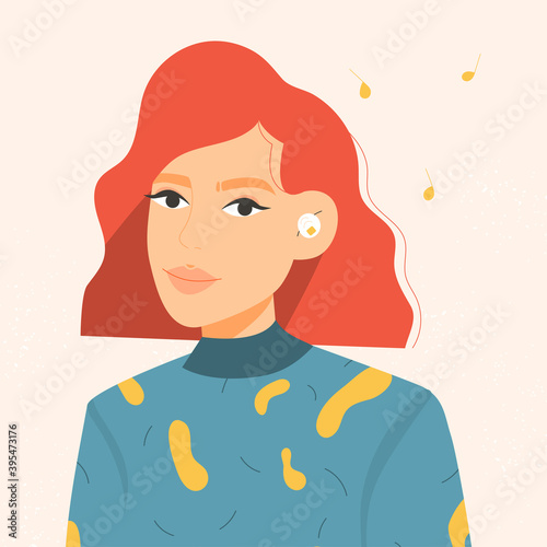 Beautiful woman with an ITE hearing aid. Flat vector illustration.