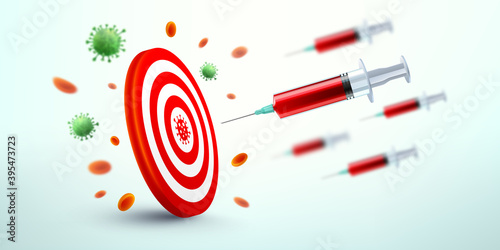 COVID-19 vaccine syringe flying to target dartboard.Vector of COVID-19 Coronavirus vaccine discovery success,Vaccination effect to create 100 percent antibody on Coronavirus concept.