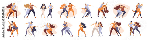 Big set/ Couple man and woman dancing latin american dances. Latino, bachata, kizobma. Poses for dancing are depicted in a stylish picture in modern colors.