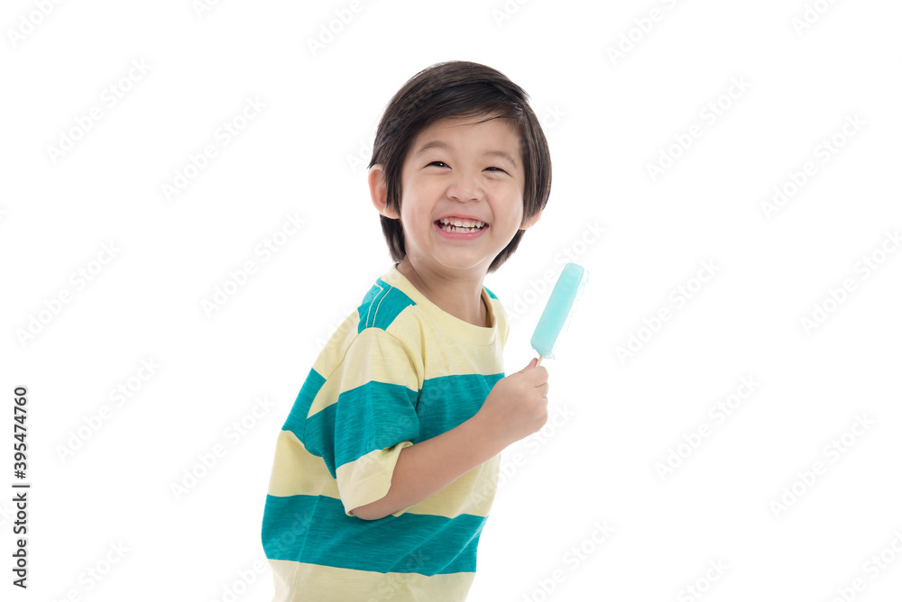 Cute Asian child eat ice-cream on white background isolated Cute Asian child eat ice-cream on white background isolated