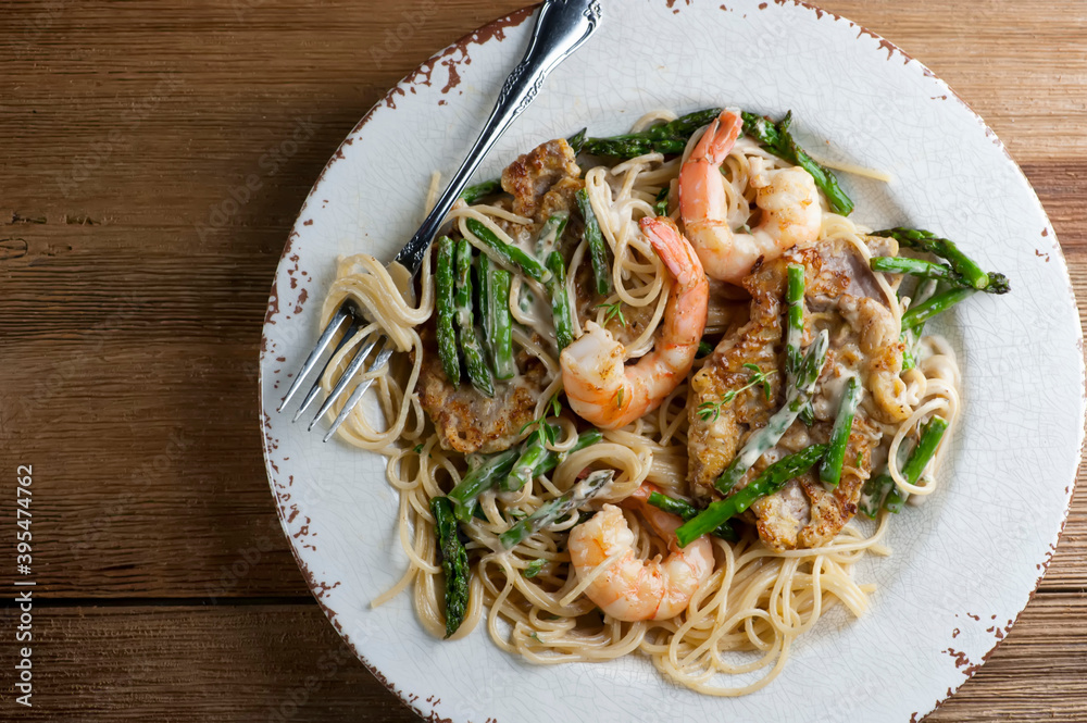 Pasta with shrimp and asparagus Stock Photo | Adobe Stock
